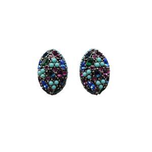 Joan Rivers Mosaic Multi Color Rhinestones Egg Shape Earrings Clip on Vintage